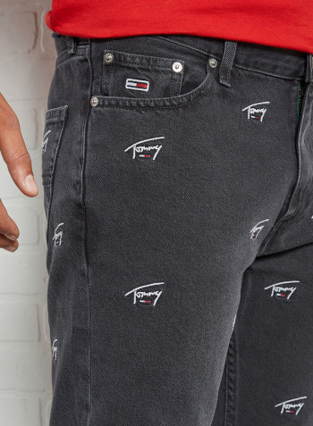 Signature Embroidery Straight Fit Jeans Black Rigid
