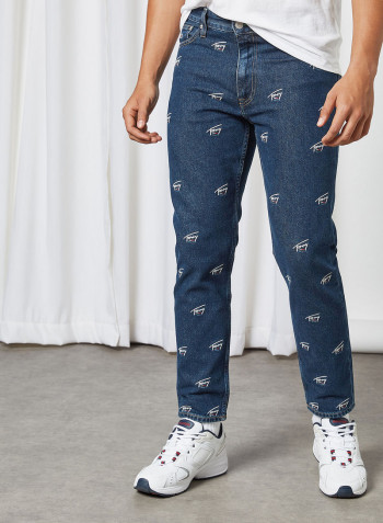 Signature Embroidery Straight Fit Jeans Dark Blue Rigid