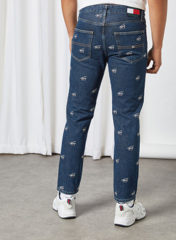 Signature Embroidery Straight Fit Jeans Dark Blue Rigid