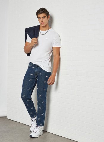 Signature Embroidery Straight Fit Jeans Dark Blue Rigid