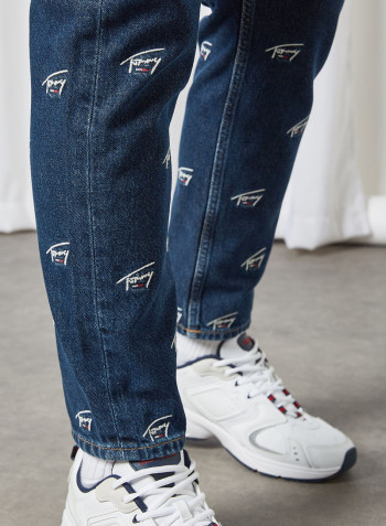 Signature Embroidery Straight Fit Jeans Dark Blue Rigid