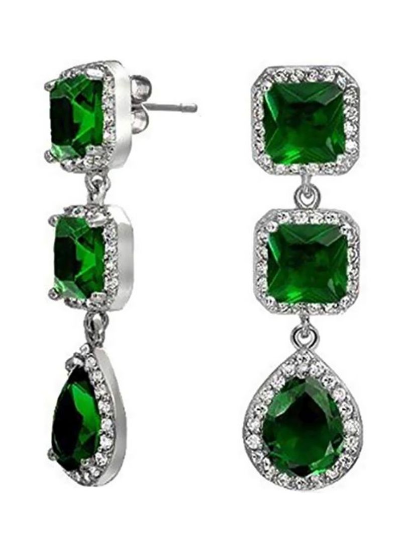 Silver Plated Brass Cubic Zirconia And Emerald Studded Dangle Earrings
