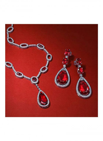 Silver Plated Brass Simulated Ruby And Cubic Zirconia Studded Y Necklace