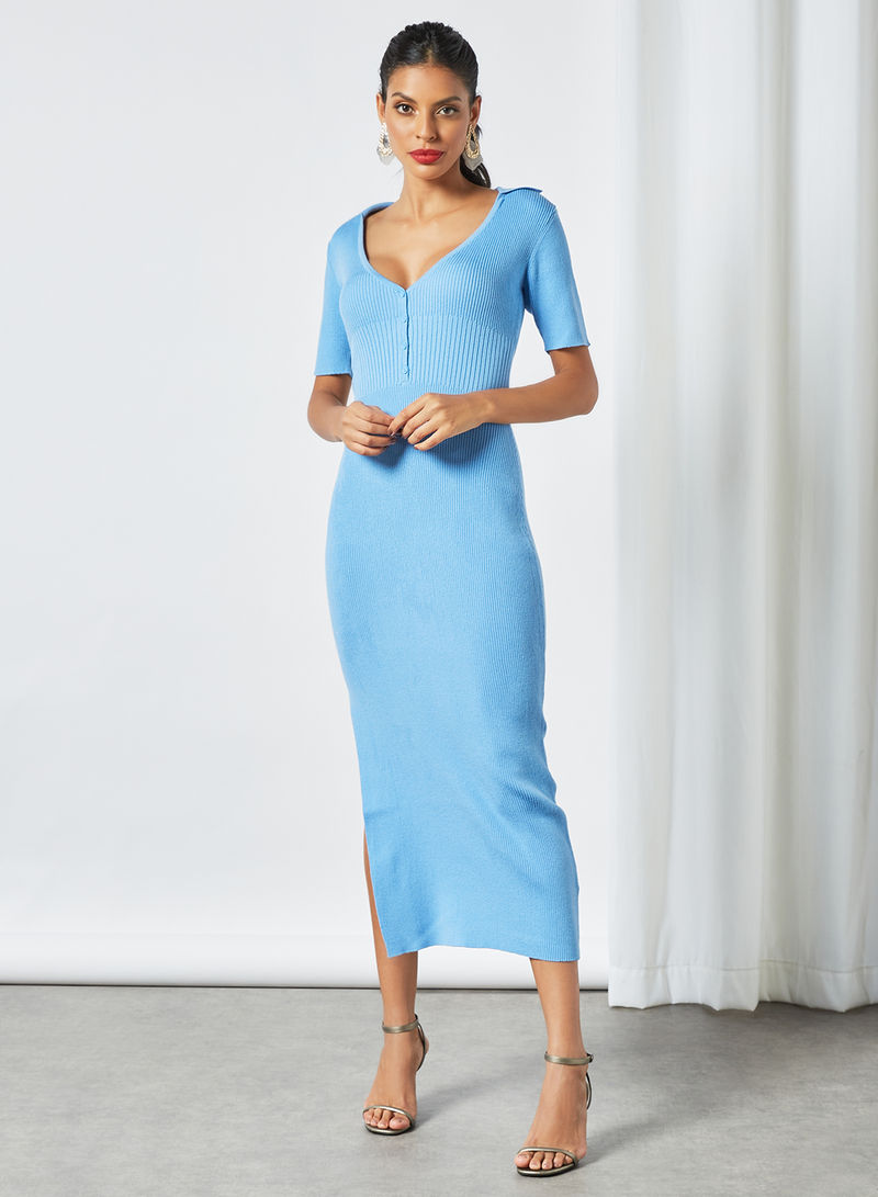 Rib Knit Midi Dress Blue