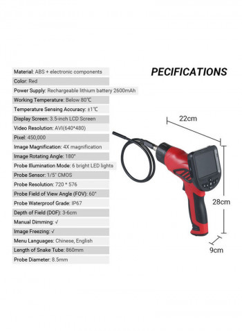 F5-508 Handheld Industrial Endoscope with 860mm Snakelike Tube 8.5mm Lens Red