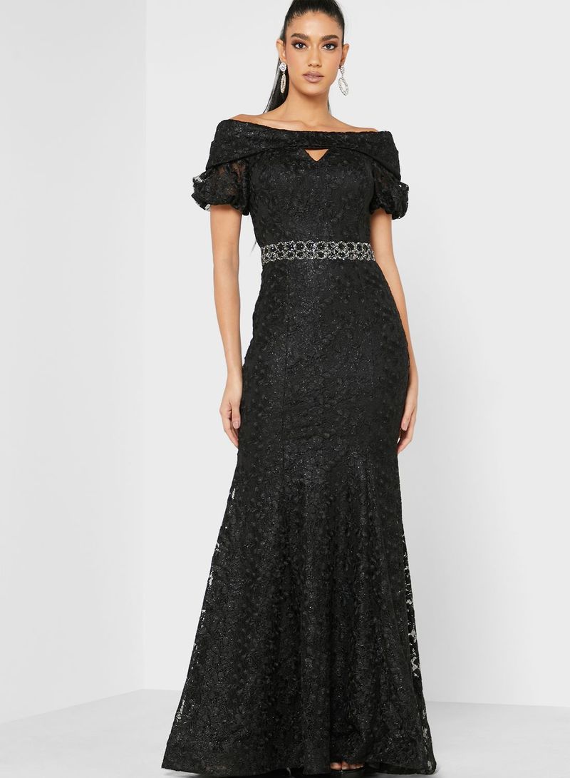 Embellished Waist Bardot Lace Dress Black