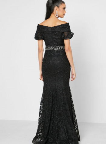 Embellished Waist Bardot Lace Dress Black