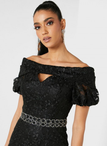Embellished Waist Bardot Lace Dress Black