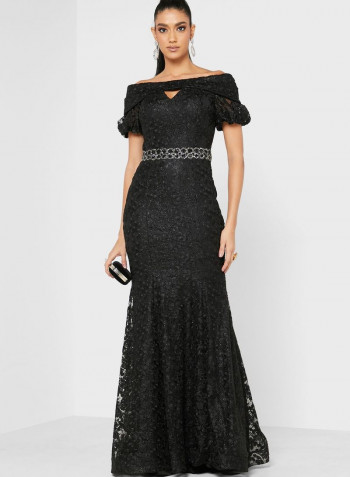 Embellished Waist Bardot Lace Dress Black