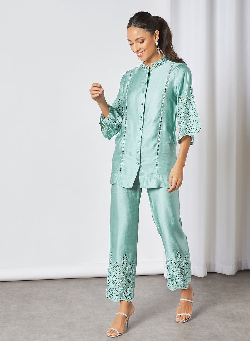 Schiffli Embroidered Blouse and Pants Set Green