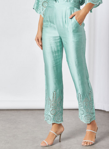 Schiffli Embroidered Blouse and Pants Set Green