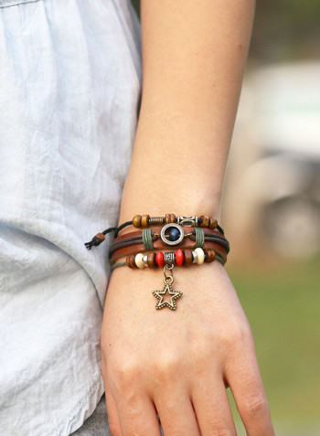 Leather Star Pendant Beaded Bracelet