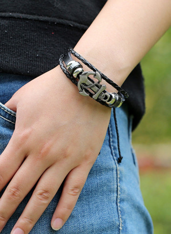 Leather Ship Anchored Beaded Bracelet