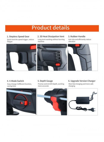 21V Brushless Heavy Duty Cordless 4 Function Rotary Hammer Drill Kit with Two 4.0Ah Battery and Carry Box Black/Red