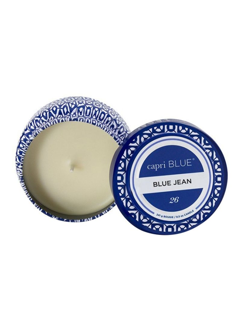 Blue Jean Tin Candle Blue/White 8.5ounce