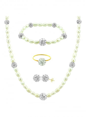 10K Gold Gradual Crystal Balls And Pearls Strand Jewellery Set