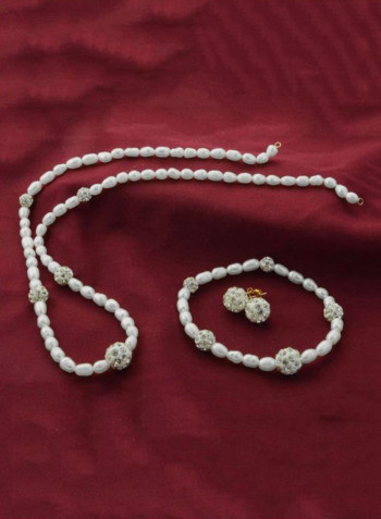 10K Gold Gradual Crystal Balls And Pearls Strand Jewellery Set