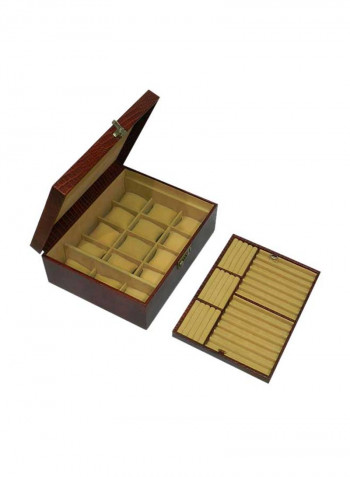 15-Grid Leather Watch Box With Pen And Ring Holder