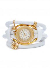 Women's Fabric Analog Wrist Watch301 GWBL WHITE CRYSTAL FLOWER