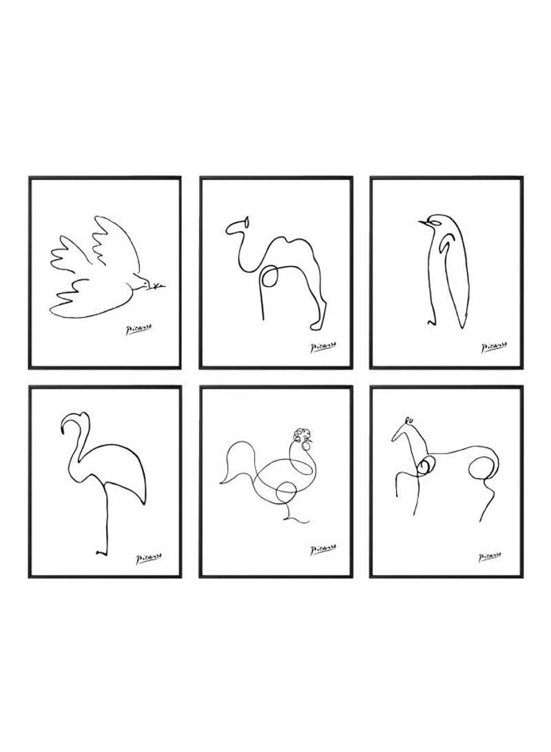 6-Piece Picasso Animal Line Drawing Themed Framed Poster Set White/Black 30x40cm