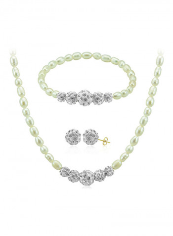 18K Gradual Crystal Balls And Pearls Strand Jewellery Set