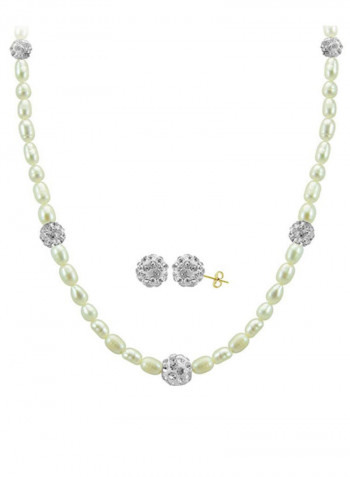 18 Karat Gold Built-In Gradual Crystal Ball And Pearls Strand Jewellery Set