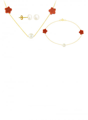 18K Gold Sunstones and Pearl Star Jewellery Set