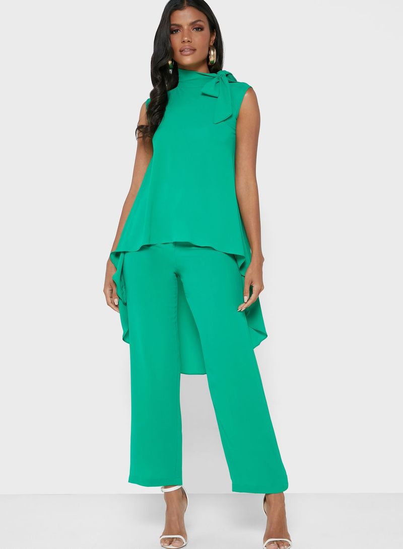 2-Piece Tie Detail Tunic Top And Pants Set Green