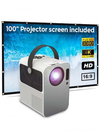 Portable LED Projector 1080P 3300 Lumens 5W Speaker with 100-Inch Projector Screen PROJ-WO-18-W_SCR-03 White