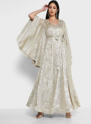 V-Neck Maxi Dress Beige/White