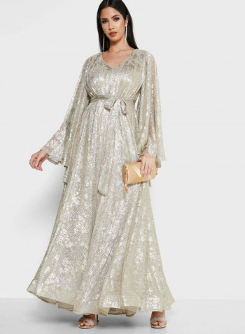 V-Neck Maxi Dress Beige/White