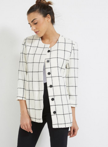 Checked Three-Quarter Sleeve Jacket White