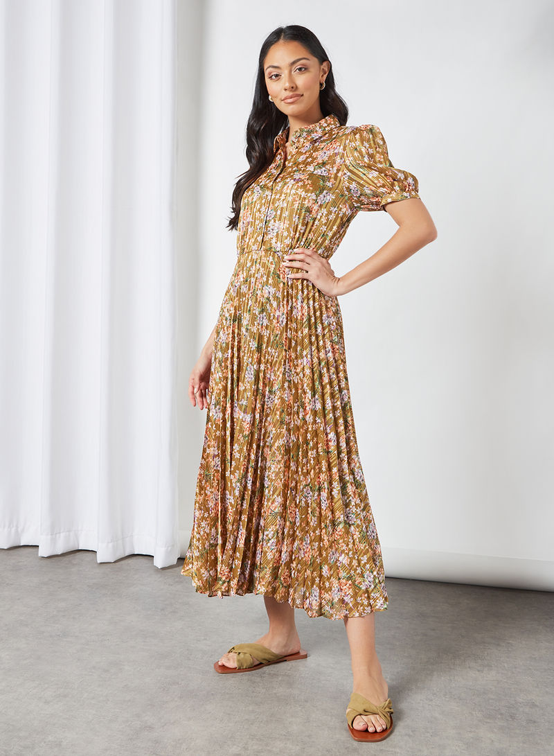 Pleated Floral Print Dress Brown