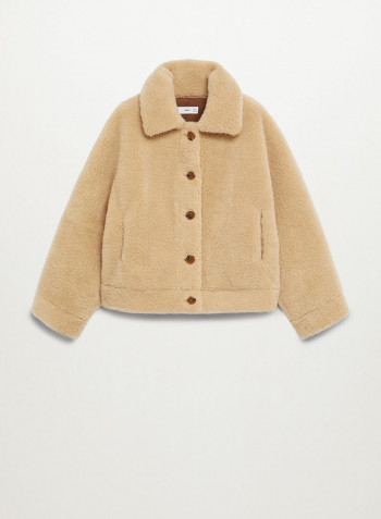 Faux Shearling Collared Neck Jacket Ecru