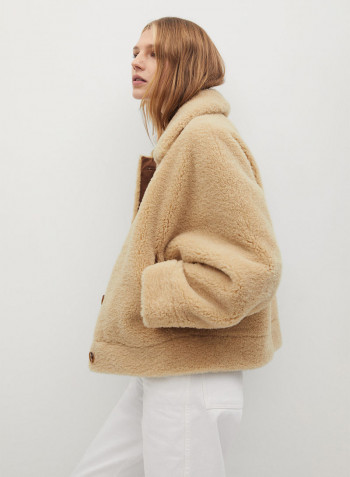 Faux Shearling Collared Neck Jacket Ecru