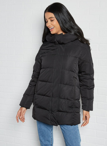 Longline Hooded Puffer Jacket Black