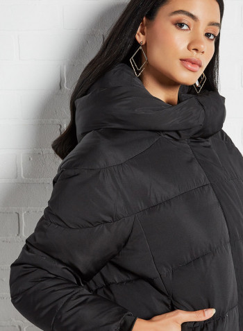 Longline Hooded Puffer Jacket Black