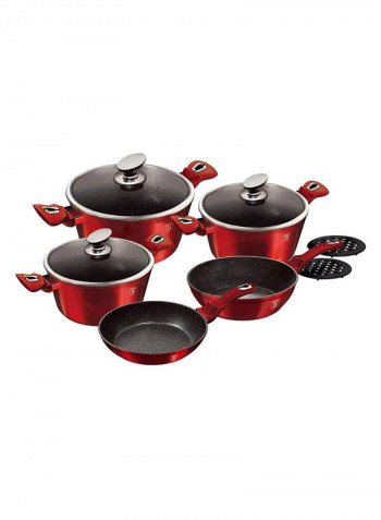 10-Piece Burgundy Metallic Line Cookware Set Red