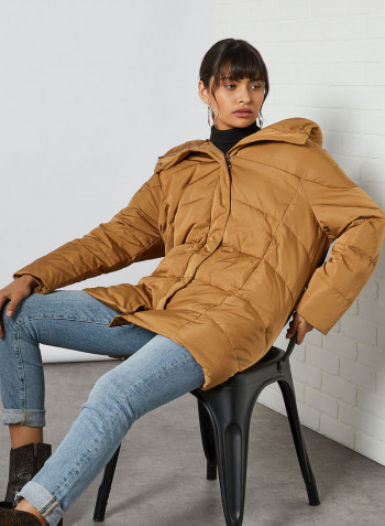 Feather Down Hooded Jacket Camel