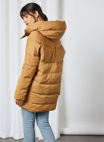Feather Down Hooded Jacket Camel