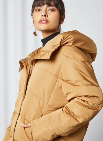 Feather Down Hooded Jacket Camel