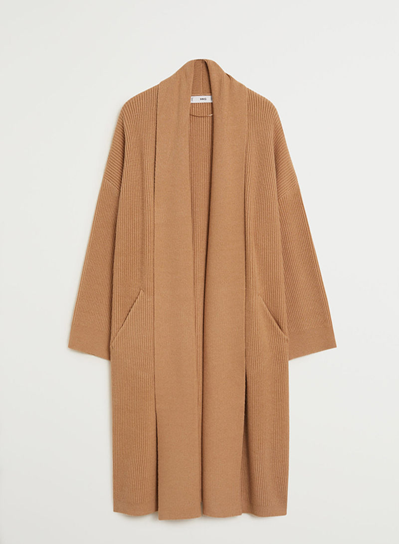Knitted Pattern Long Coat Camel
