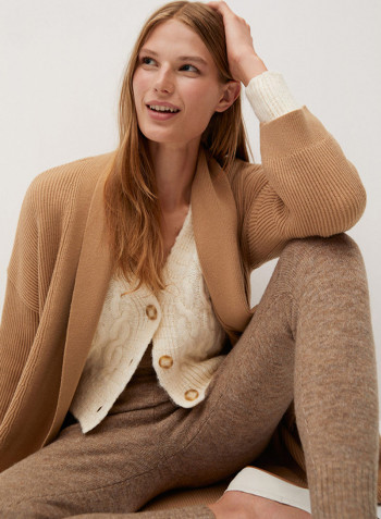 Knitted Pattern Long Coat Camel