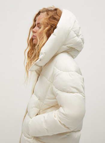 Feather Down Hooded Neck Jackets Off White