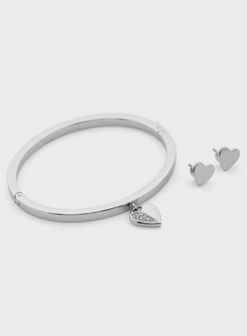 Heart Charm Bangle and Stud Earrings Set