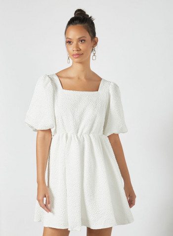 Jacquard Puff Sleeve Mini Dress Ivory