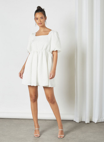 Jacquard Puff Sleeve Mini Dress Ivory