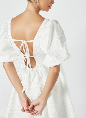 Jacquard Puff Sleeve Mini Dress Ivory