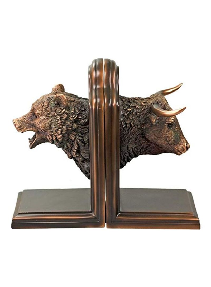 2-Piece Bronze Plated Bear And Bull Head Bookends