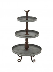 Decorative 3-Tier Round Metal Tray Stand With Iron Bird Sculpture Handle Silver/Brown 16x29inch